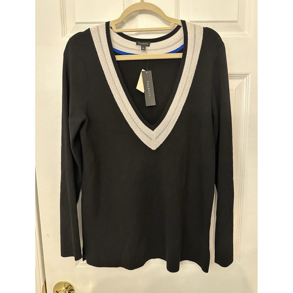 Talbots Womens Black Knit V-Neck Long Sleeve Sweater Contrast Trim L